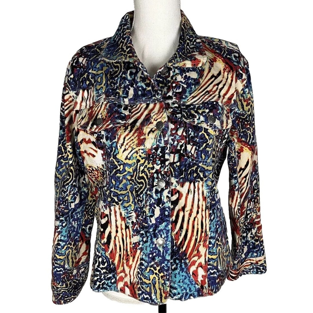 Chicos Women Animal Print Jacket Size‎ 1 Collared Button Front Long Sleeve Denim
